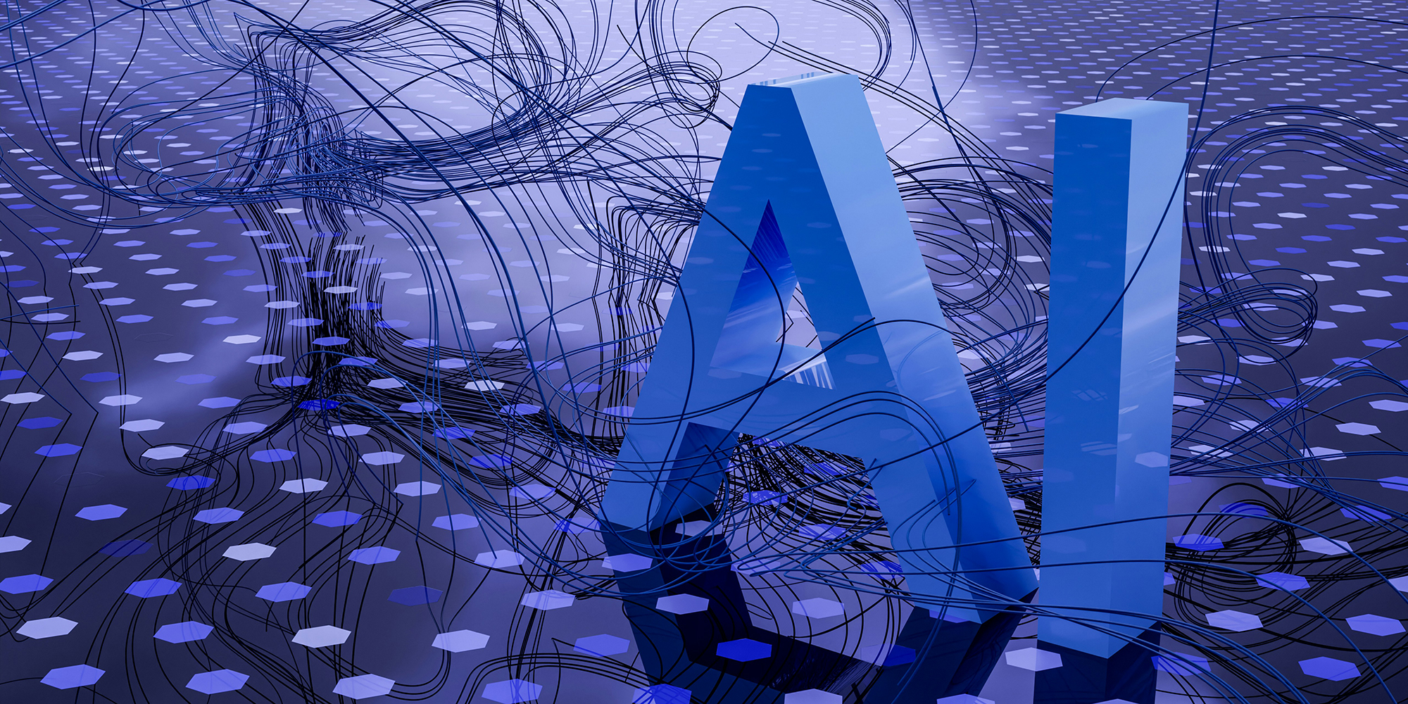 Blue AI block letters standing on blue patterned background.