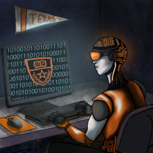 robotic person in glowing Tron-like suit on desktop computer with binary code and UT seal on screen.