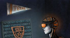 robotic person in glowing Tron-like suit on desktop computer with binary code and UT seal on screen.