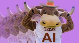 UT's Hook 'em flexing muscled with "AI" superimposed on their jersey. Photo credit: UT, graphic edits credit: The Hustle.